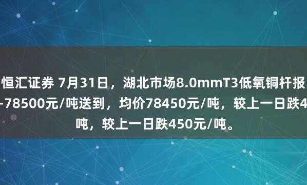 恒汇证券 7月31日，湖北市场8.0mmT3低氧铜杆报价78400-78500元/吨送到，均价78450元/吨，较上一日跌450元/吨。