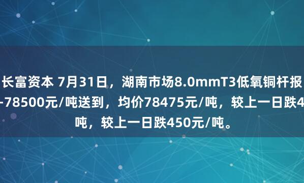 长富资本 7月31日，湖南市场8.0mmT3低氧铜杆报价78450-78500元/吨送到，均价78475元/吨，较上一日跌450元/吨。